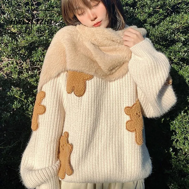 Fluffy Teddy Bear Patchwork Ribbed Knitted Sweater Kawaii Pullover Jumper Women's Jumper Korean Japanese Cute Sweet Loose