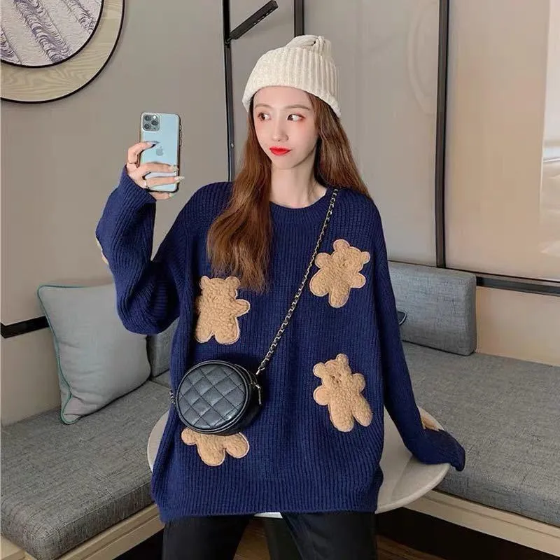 Fluffy Teddy Bear Patchwork Ribbed Knitted Sweater Kawaii Pullover Jumper Women's Jumper Korean Japanese Cute Sweet Loose