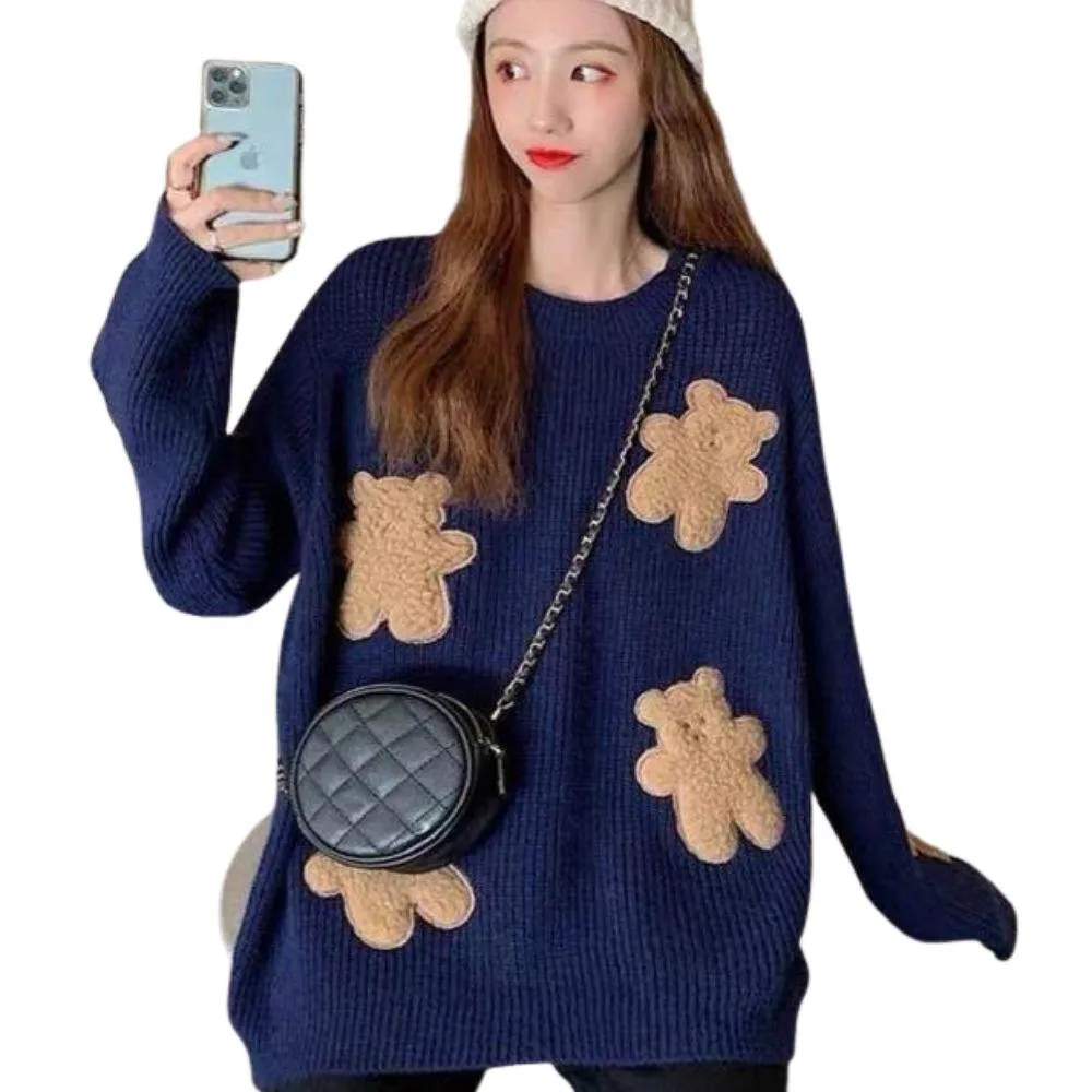 Fluffy Teddy Bear Patchwork Ribbed Knitted Sweater Kawaii Pullover Jumper Women's Jumper Korean Japanese Cute Sweet Loose