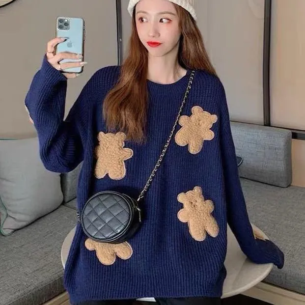 Fluffy Teddy Bear Patchwork Ribbed Knitted Sweater Kawaii Pullover Jumper Women's Jumper Korean Japanese Cute Sweet Loose