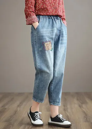 French Denim Blue High Waist Plus Size Clothing Spring Elastic Waist Patchwork Women Trousers