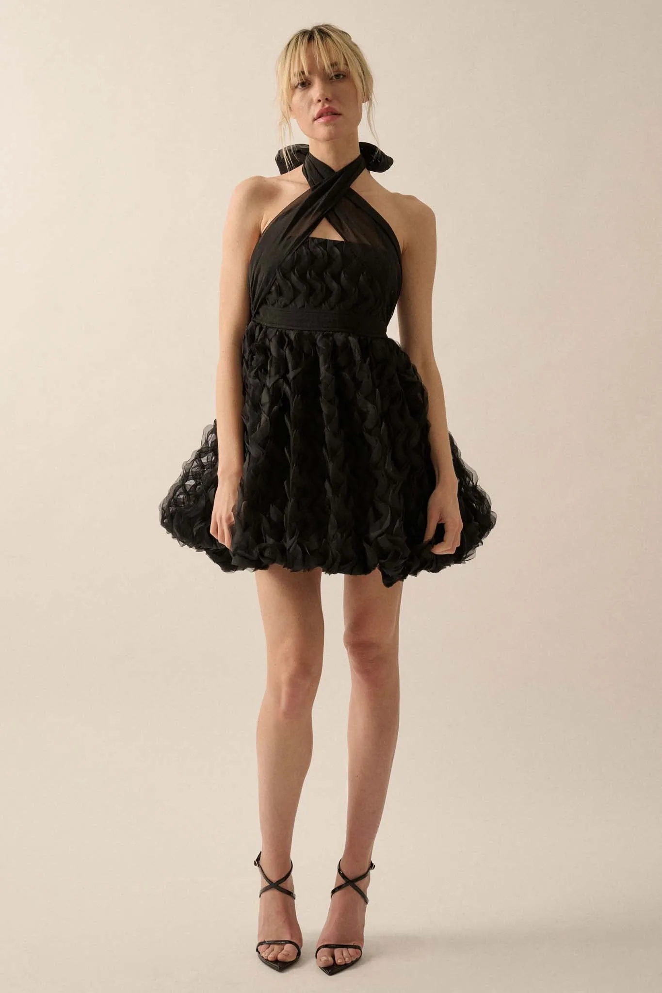 Frill Factor Cascade Ruffle Halter Mini Dress