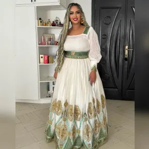 Glimmering Green with Golden Habesha Dress: Handcrafted Piece Traditional Ethiopian Dress Magnificent Eritrean Clothing