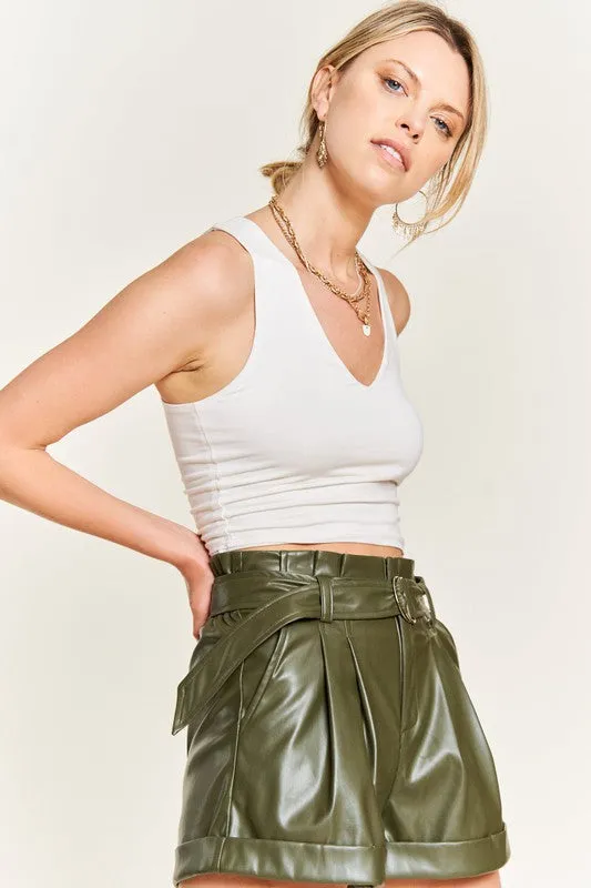 High-rise waist Belted Faux Leather Short