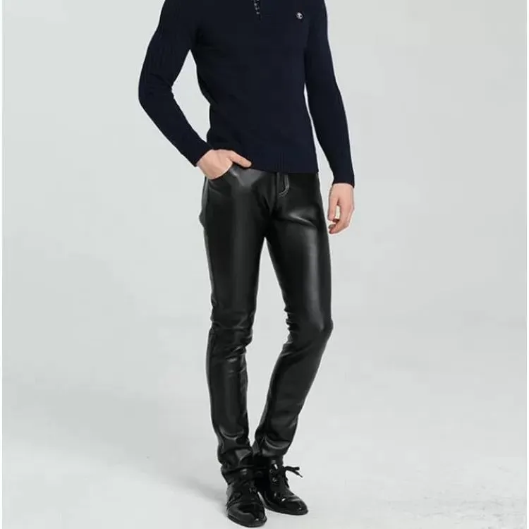 High Waist Slim Fit Black Leather Motorcycle Pants for Men