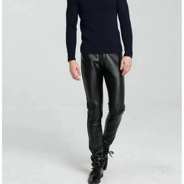 High Waist Slim Fit Black Leather Motorcycle Pants for Men