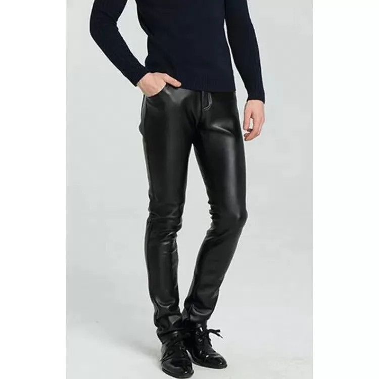 High Waist Slim Fit Black Leather Motorcycle Pants for Men