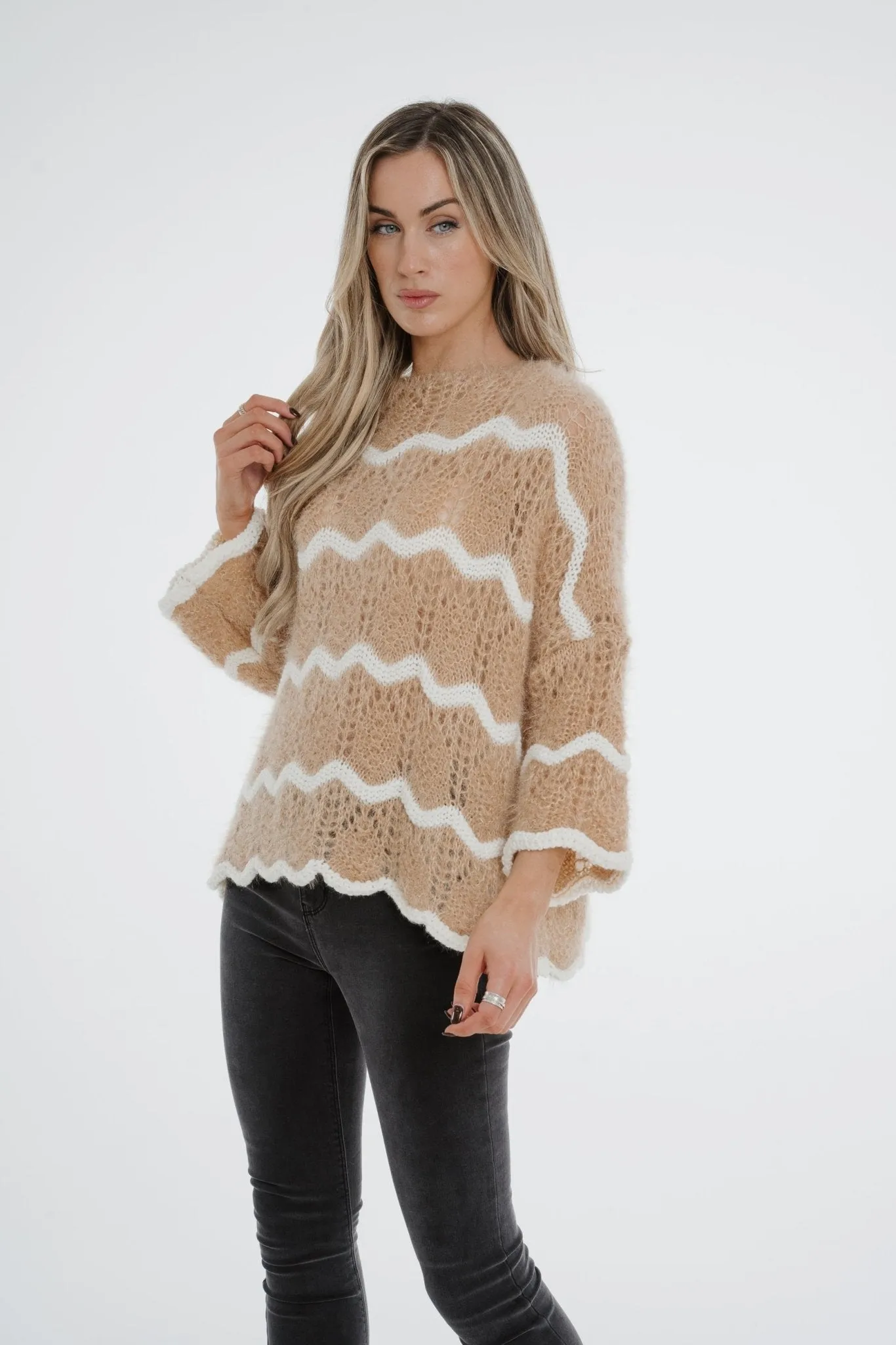 Indie Open Knit Jumper In Tan Mix