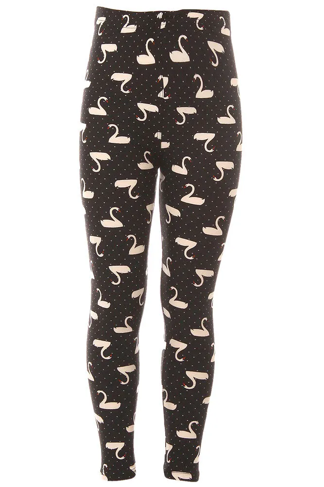 Kid's B&W Swans Birds Pattern Printed Leggings