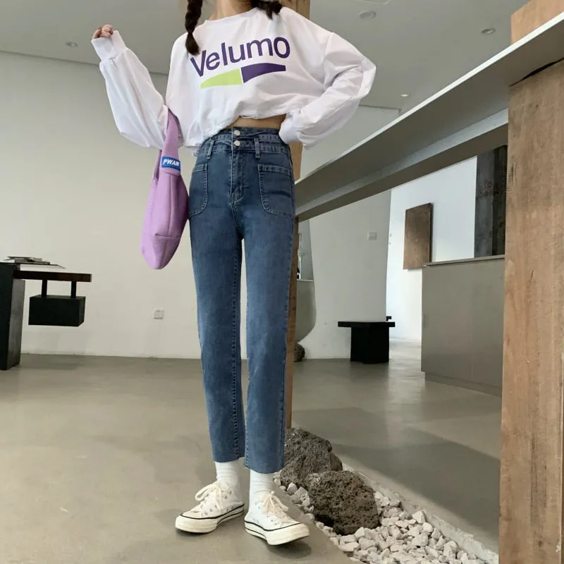 [Korean Style] Alitzia Double Button Cropped Straight Jeans