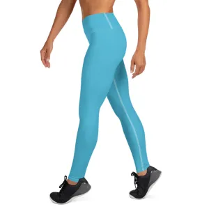 Light Blue Long Women's Tights, Solid Color Women's Premium Long Yoga Leggings Pants- Made in USA/ EU