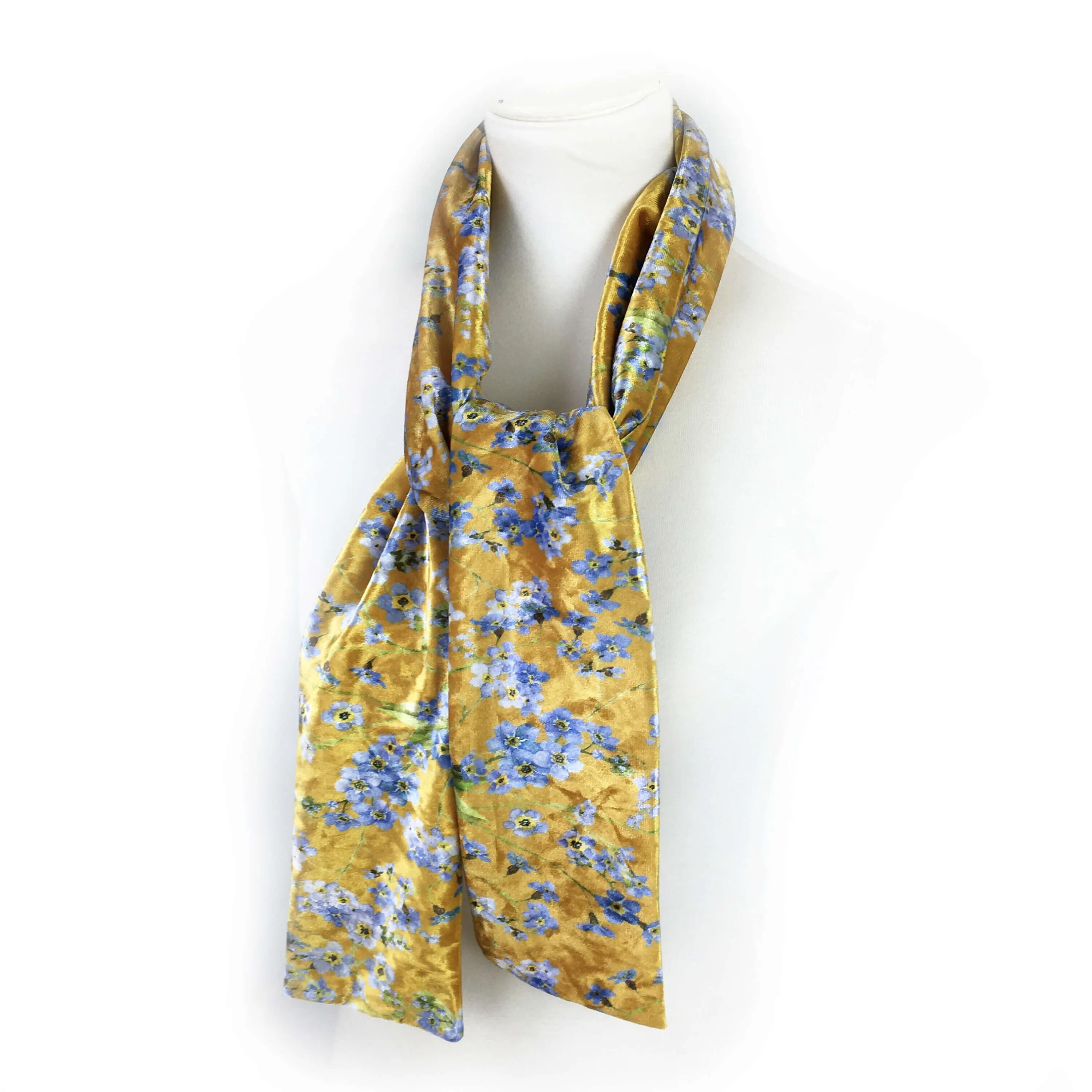 Mustard Forget-me-nots Velour Scarf, Womans Scarf, All season, Luminous Scarf, hand painted scarf, artist scarf, Wear all day or evening