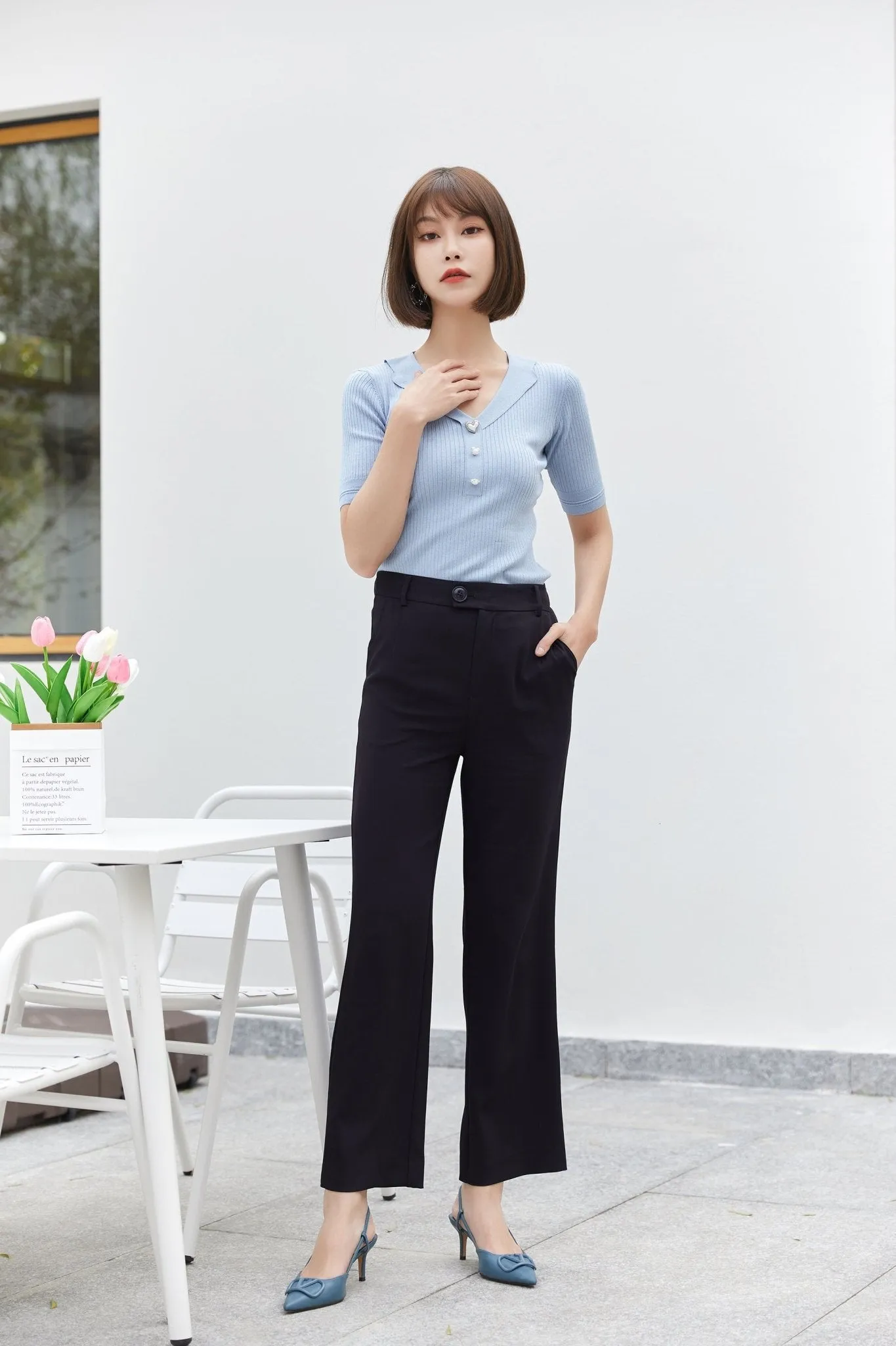 Navy Blue Wide Leg High Waist Pants