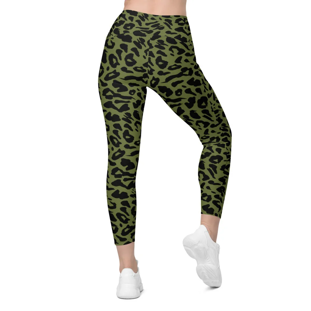 Olive Green Leopard Skin Leggings with Pockets