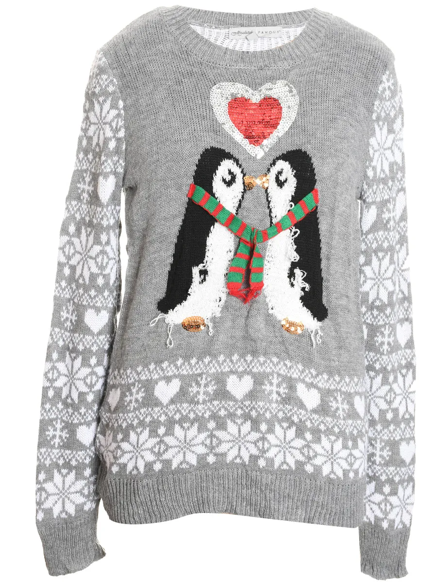 Penquin Design Grey & White Knit Christmas Jumper - M