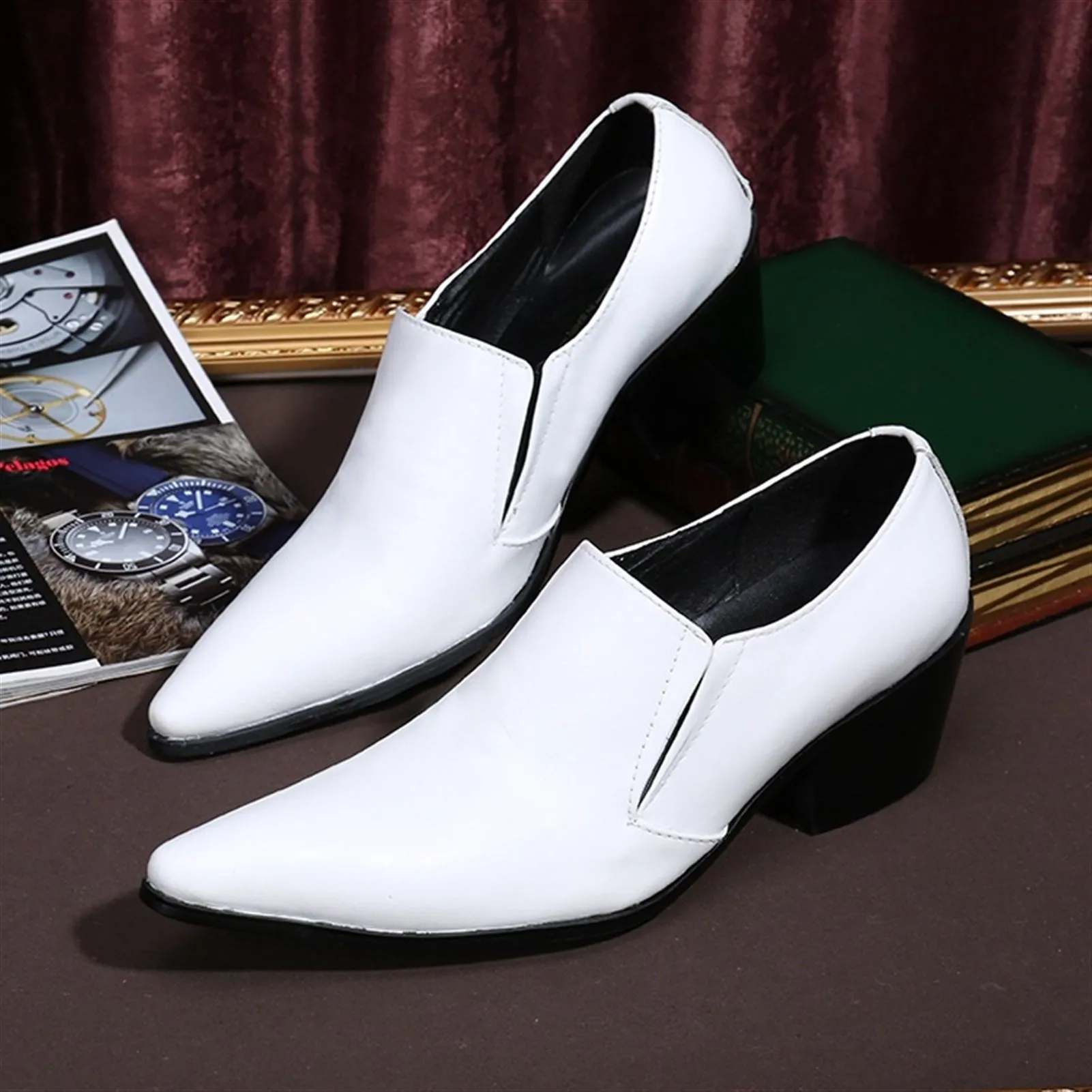 Pointed Low Top Slip on 5cm Heel Men Oxford Shoes