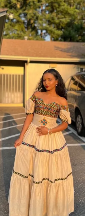 Pretty Cream Habesha Dress: with Intricate Cultural Embroidery Design Traditional Ethiopian Dress