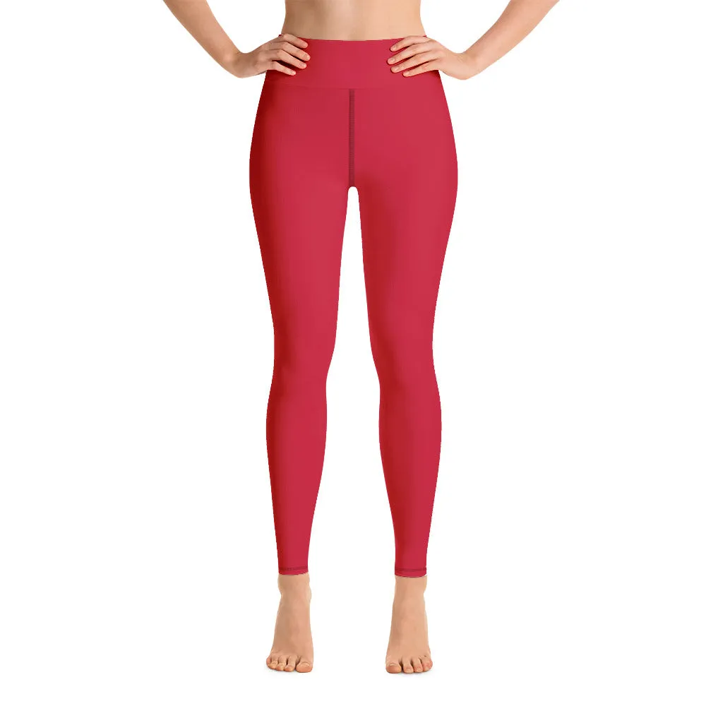 Red Solid Color Yoga Leggings, Best Long Workout Long Gym Tights-Made in USA/EU/MX