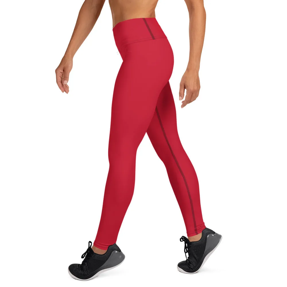 Red Solid Color Yoga Leggings, Best Long Workout Long Gym Tights-Made in USA/EU/MX