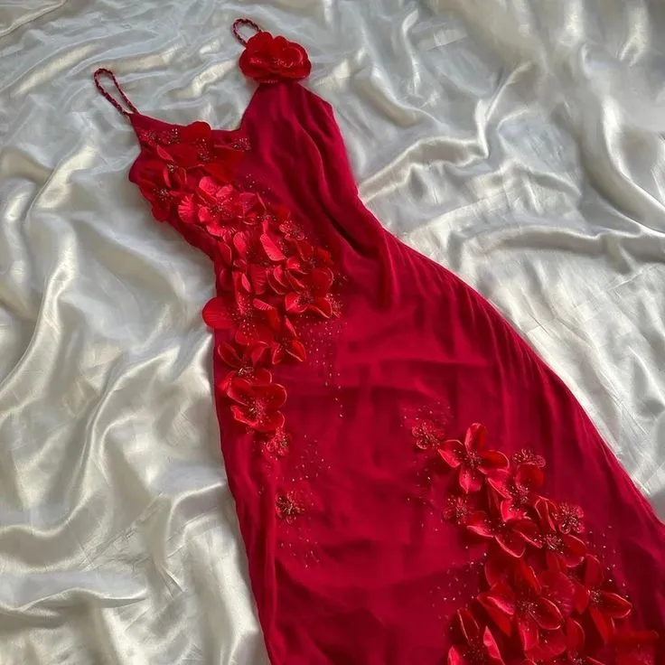 Red V-Neck Prom Dress Long Formal Dress With Flowers     fg7048