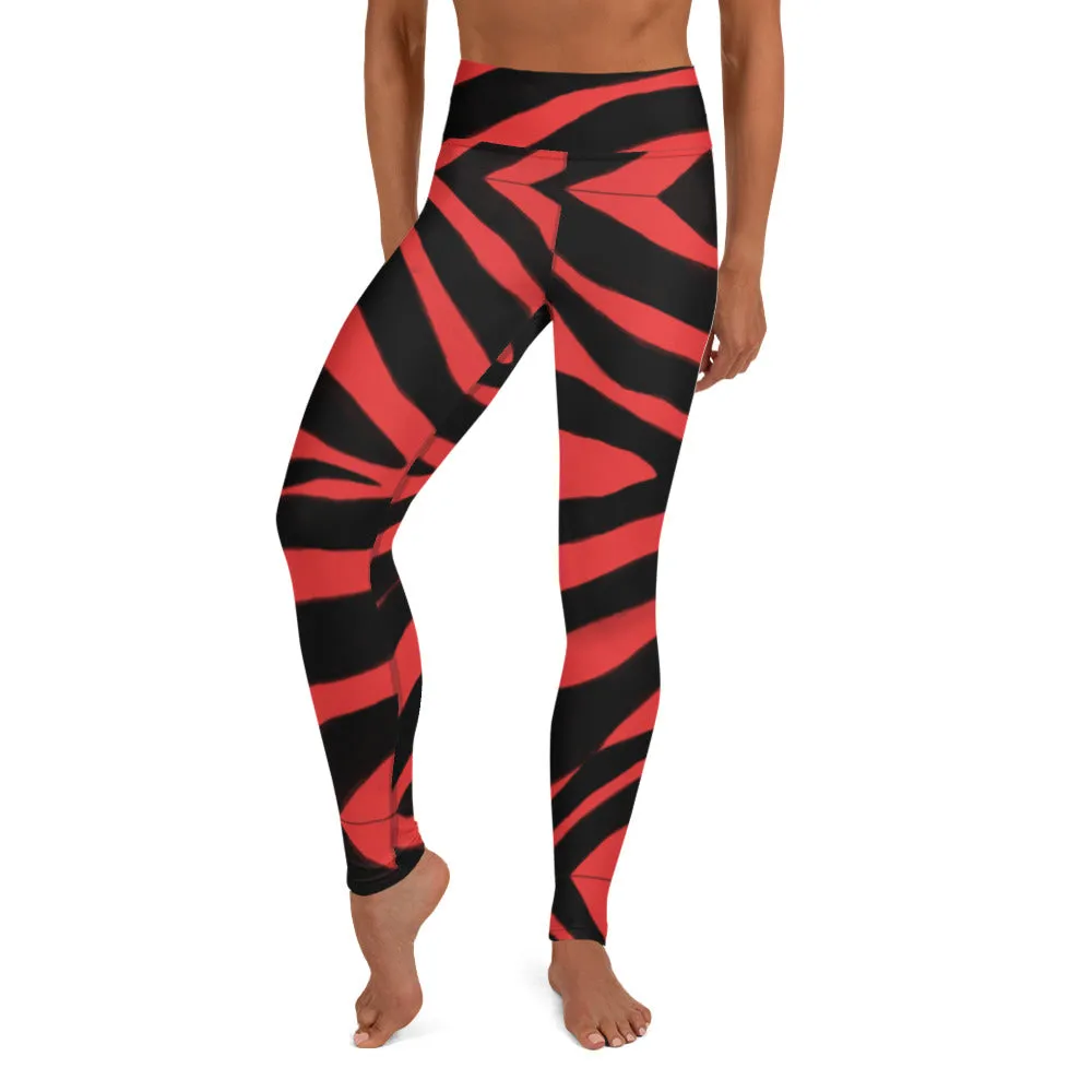 Red Zebra Yoga Leggings, Red and Black Zebra Animal Print Best Women's Active Wear Sports Long Yoga Pants-Made in USA/EU/MX