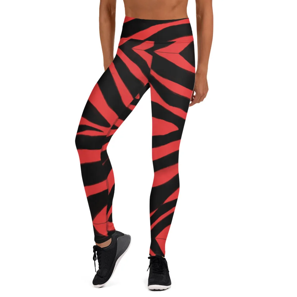 Red Zebra Yoga Leggings, Red and Black Zebra Animal Print Best Women's Active Wear Sports Long Yoga Pants-Made in USA/EU/MX