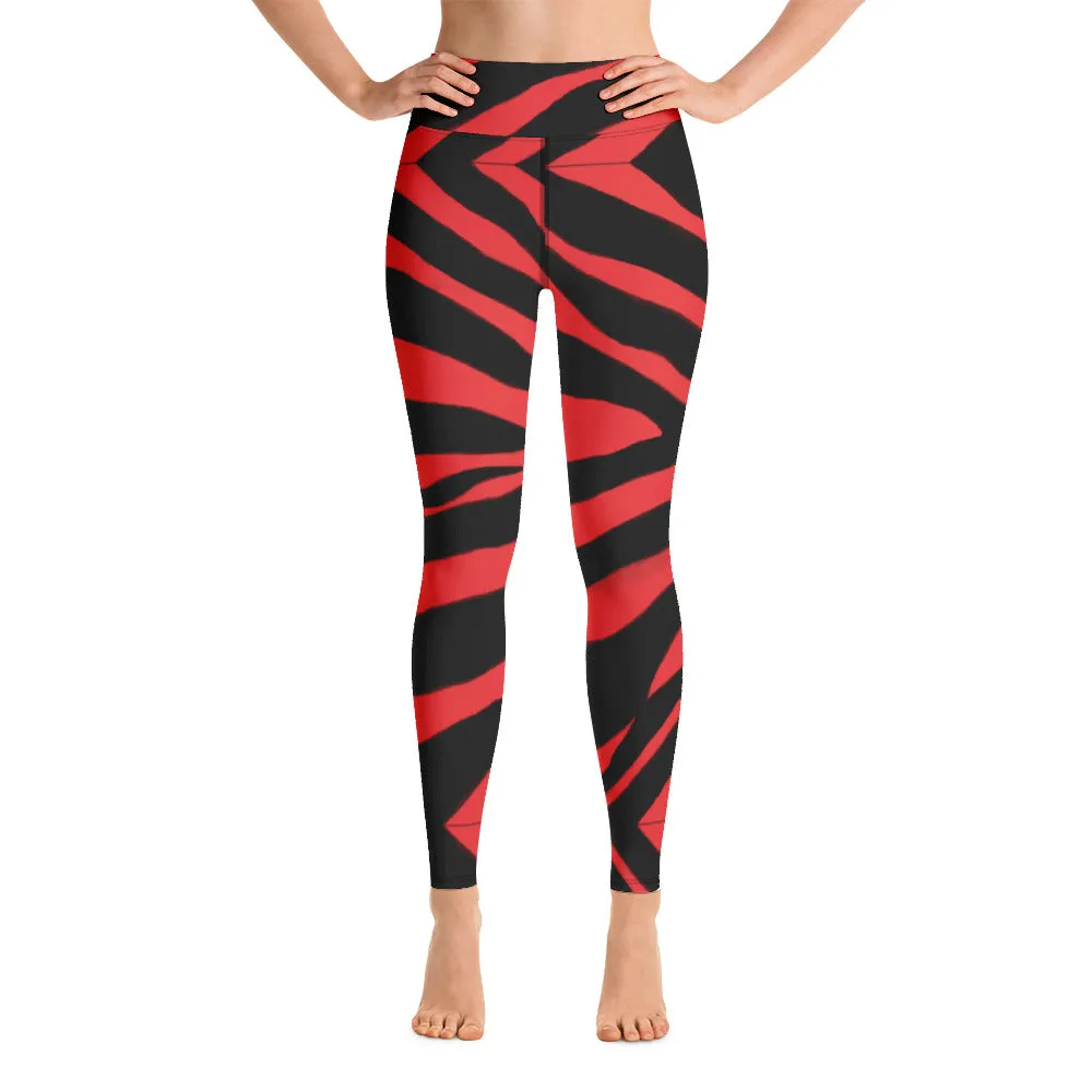 Red Zebra Yoga Leggings, Red and Black Zebra Animal Print Best Women's Active Wear Sports Long Yoga Pants-Made in USA/EU/MX