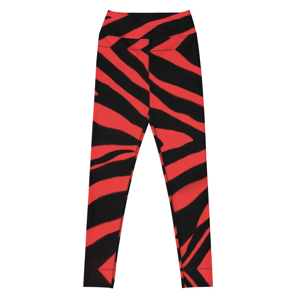 Red Zebra Yoga Leggings, Red and Black Zebra Animal Print Best Women's Active Wear Sports Long Yoga Pants-Made in USA/EU/MX