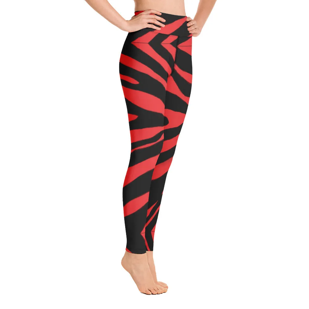 Red Zebra Yoga Leggings, Red and Black Zebra Animal Print Best Women's Active Wear Sports Long Yoga Pants-Made in USA/EU/MX