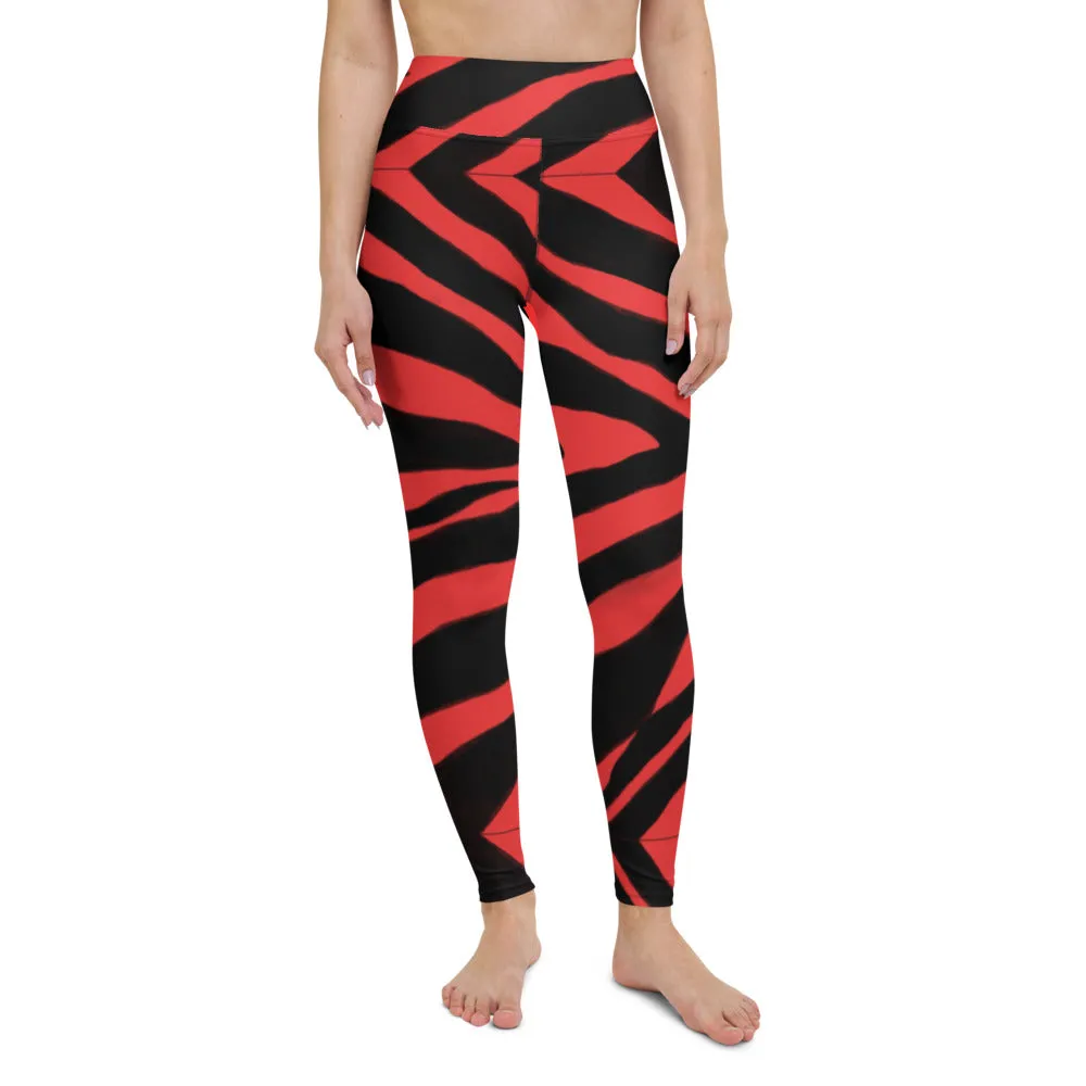 Red Zebra Yoga Leggings, Red and Black Zebra Animal Print Best Women's Active Wear Sports Long Yoga Pants-Made in USA/EU/MX