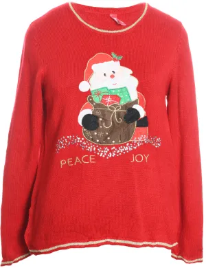 Santa Claus Design Red Embroidered Knit Christmas Jumper - M