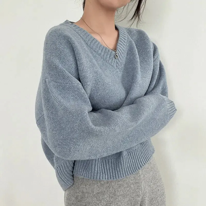 South Korea Basic Style V-neck Pullover Sweater Thermal Knitting