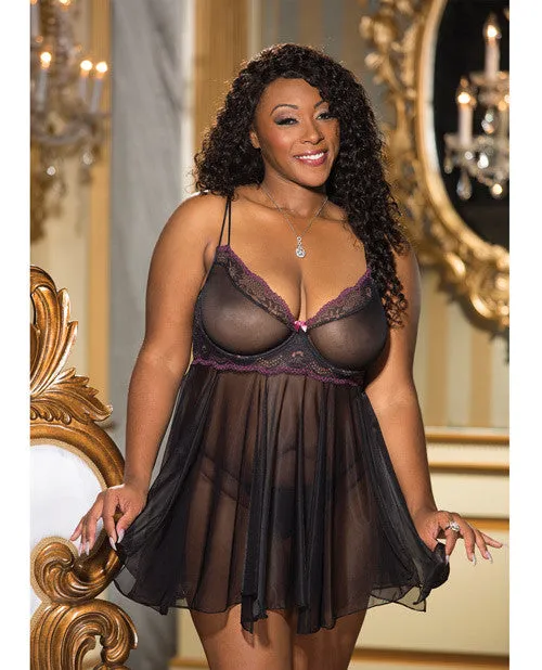 Stretch Lace & Glisenette Babydoll W-g-string Black-pink 3x