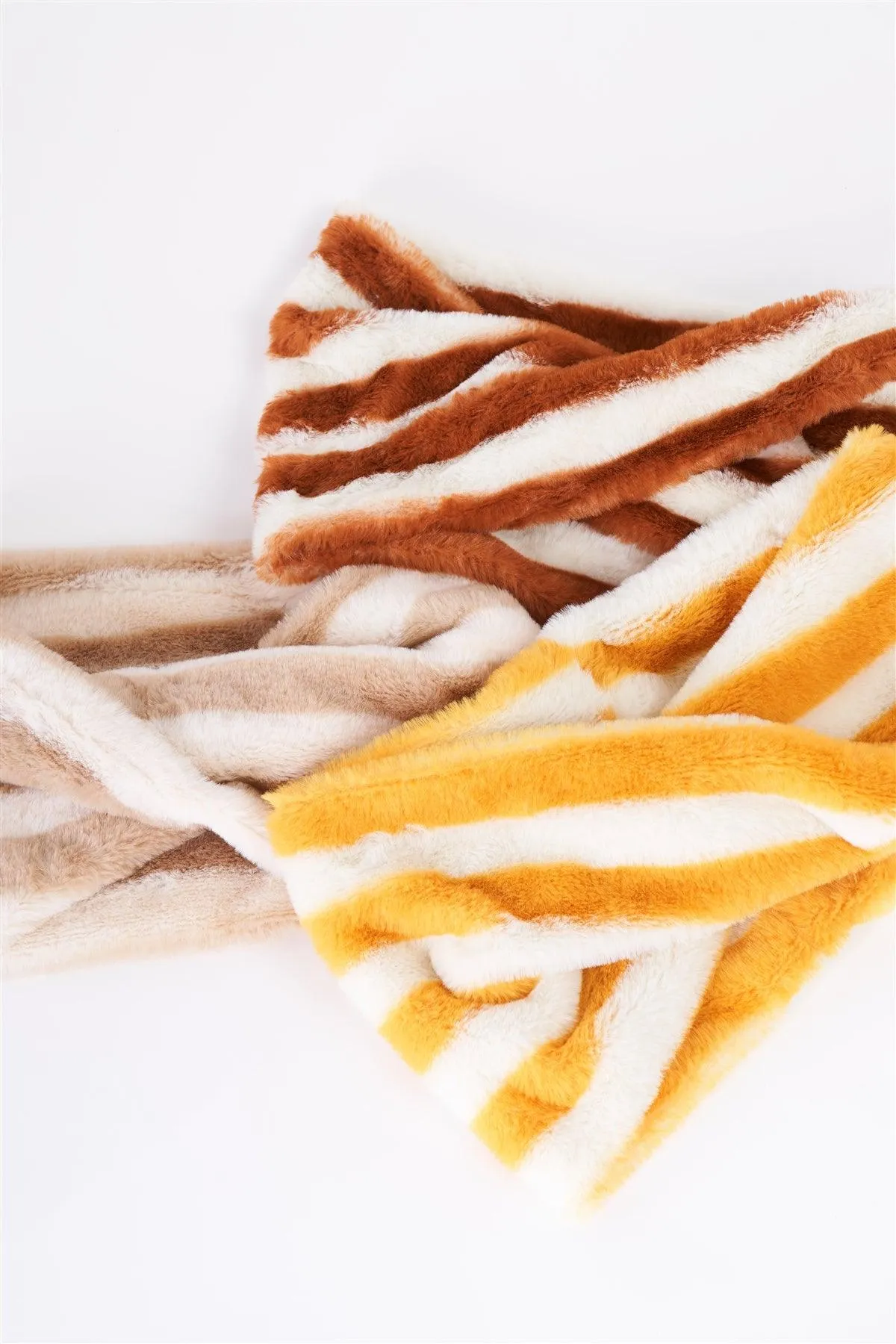 Striped Fuzzy Faux Fur Twisted Infinity Scarf /3 Pieces