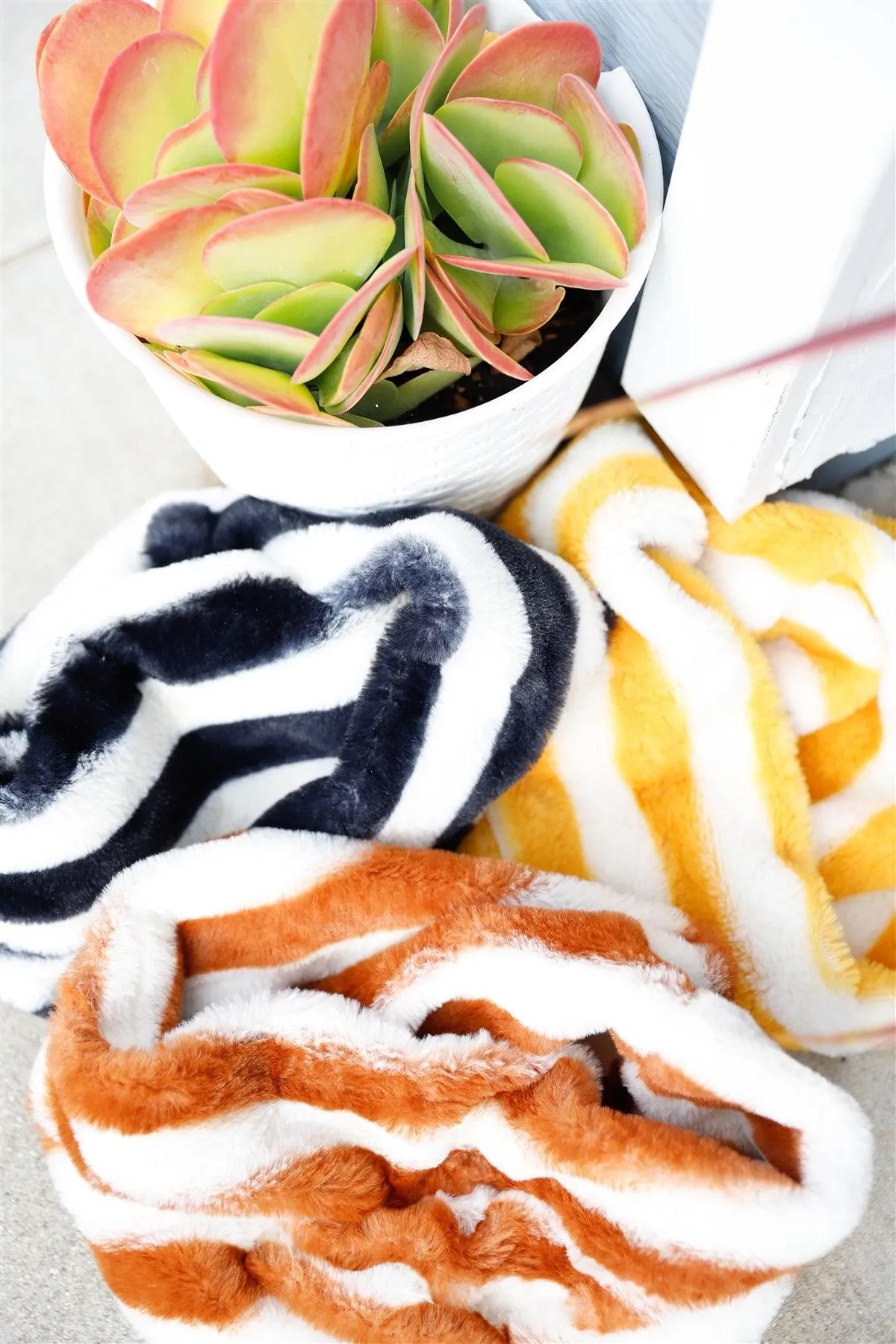 Striped Fuzzy Faux Fur Twisted Infinity Scarf /3 Pieces