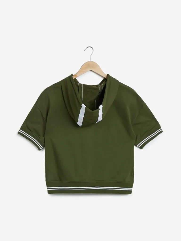 Studiofit Olive Text Print Hooded Crop Jacket