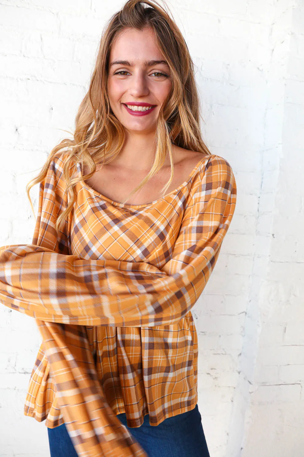 Sunflower Plaid Square Neck Bubble Sleeve Babydoll Top