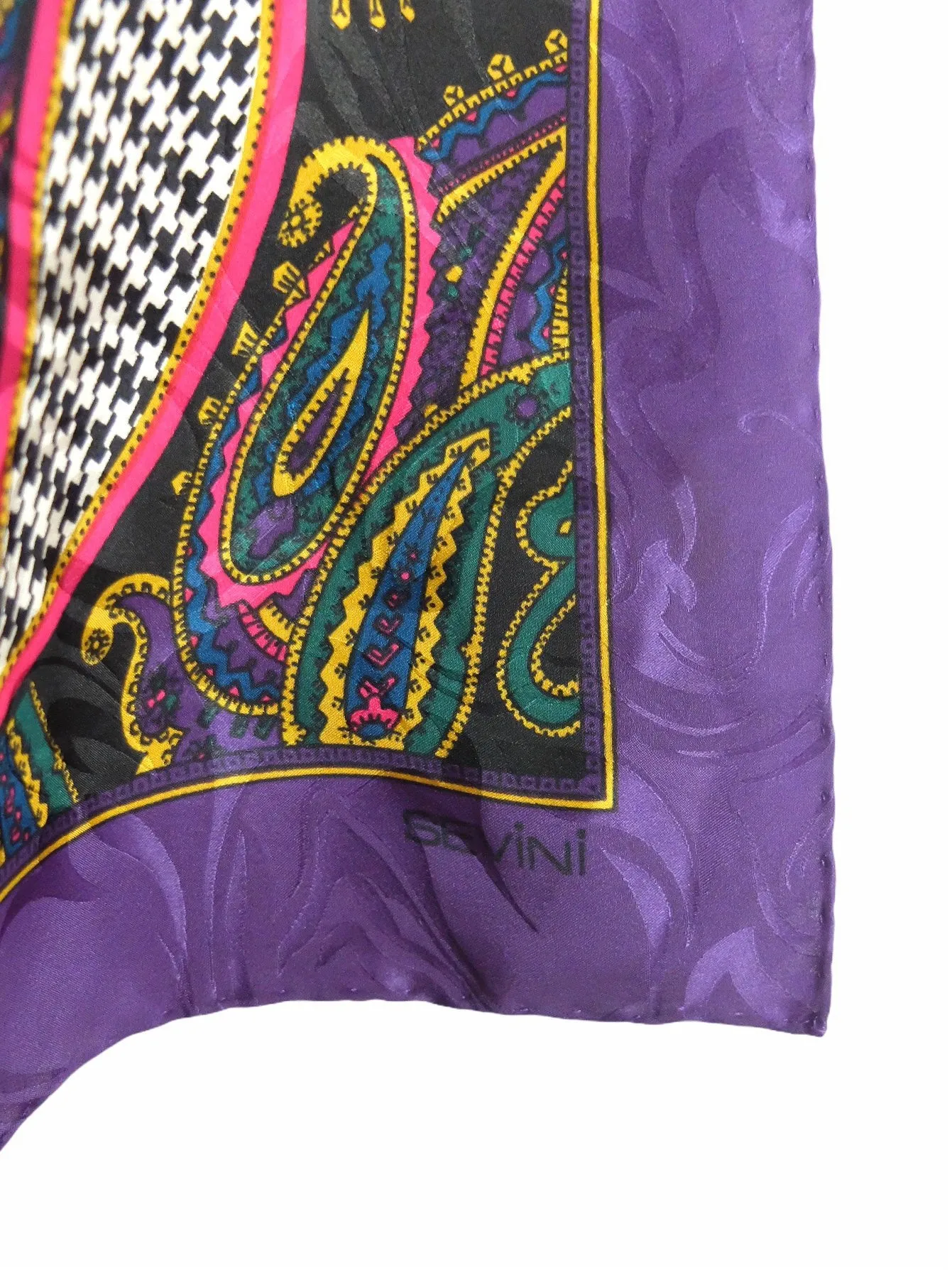 Vintage 70s Bright Abstract Psychedelic Mod Paisley Hot Pink & Purple Houndstooth Check Print Patterned Square Bandana Neck Tie Scarf with Handrolled Hem