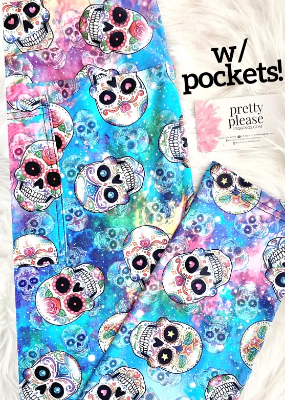 Watercolor Sugar Skulls Super SOFT Leggings Floral Halloween OS TC Plus rts