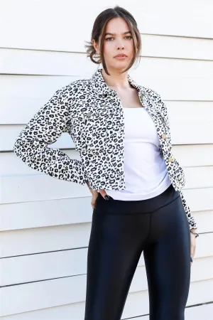 White & Black Cotton Leopard Print Cropped Denim Jacket /3-2