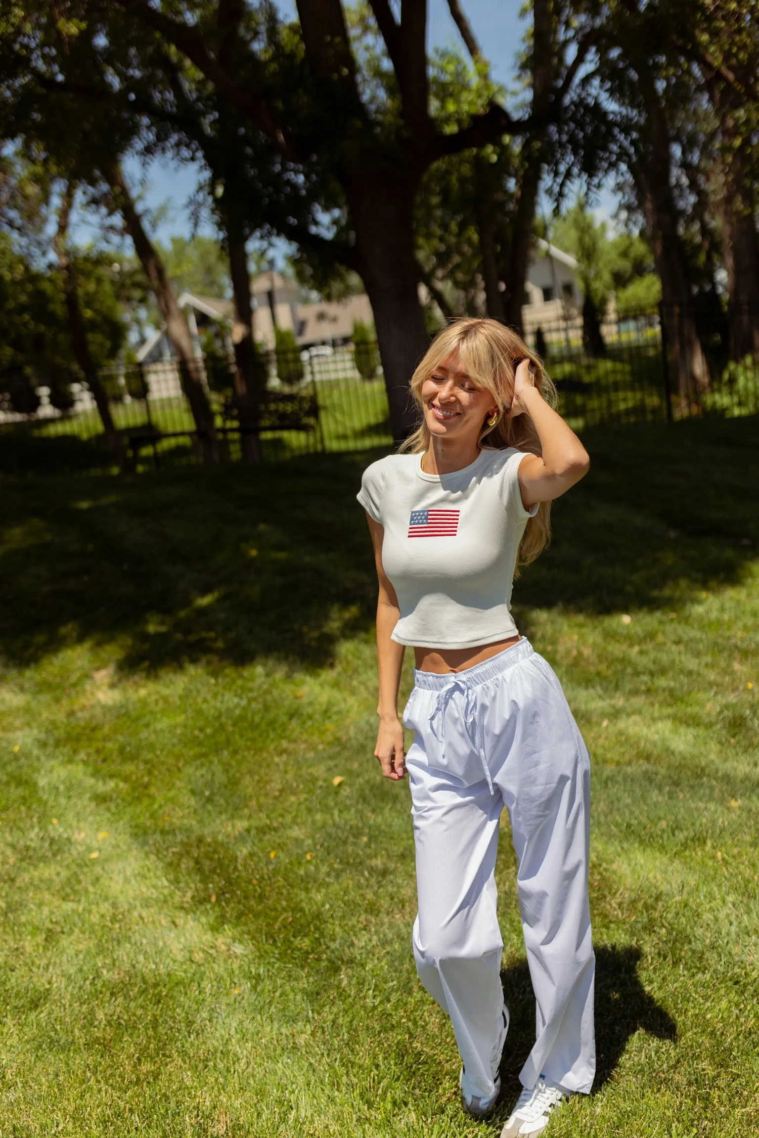 White and Light Blue Striped Pants