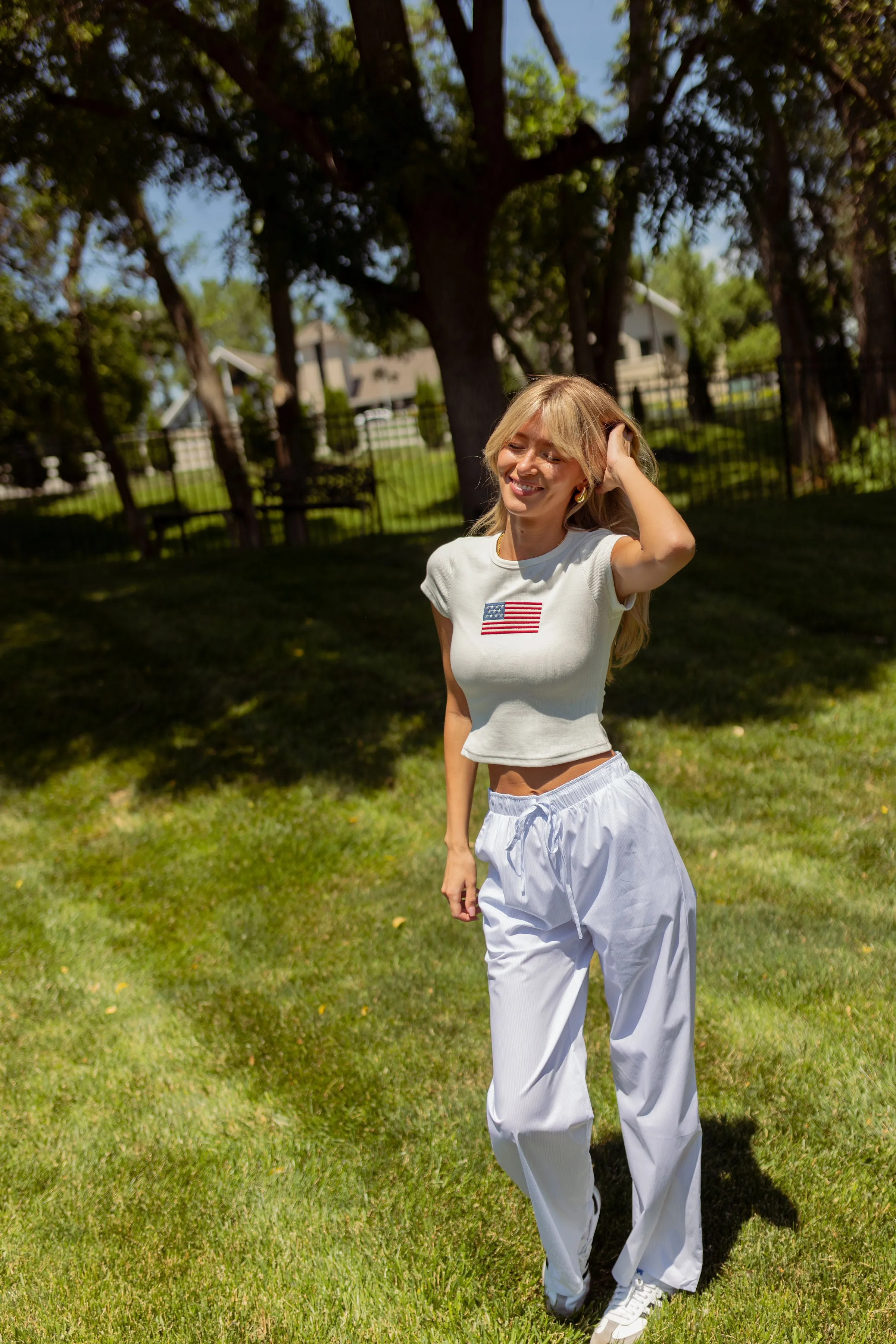 White and Light Blue Striped Pants