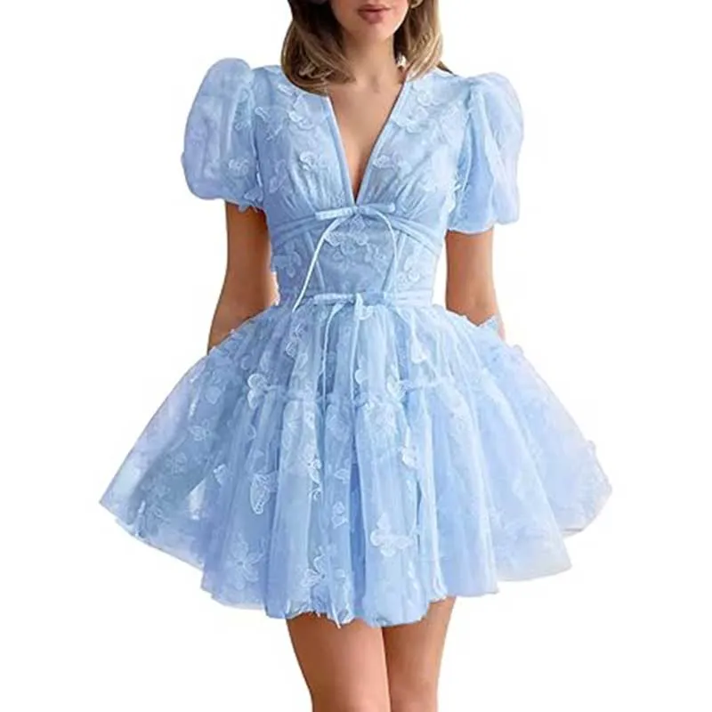 Women Mini Tulle Prom Dress Flower Embroidery Dress Short Formal Homecoming Dresses