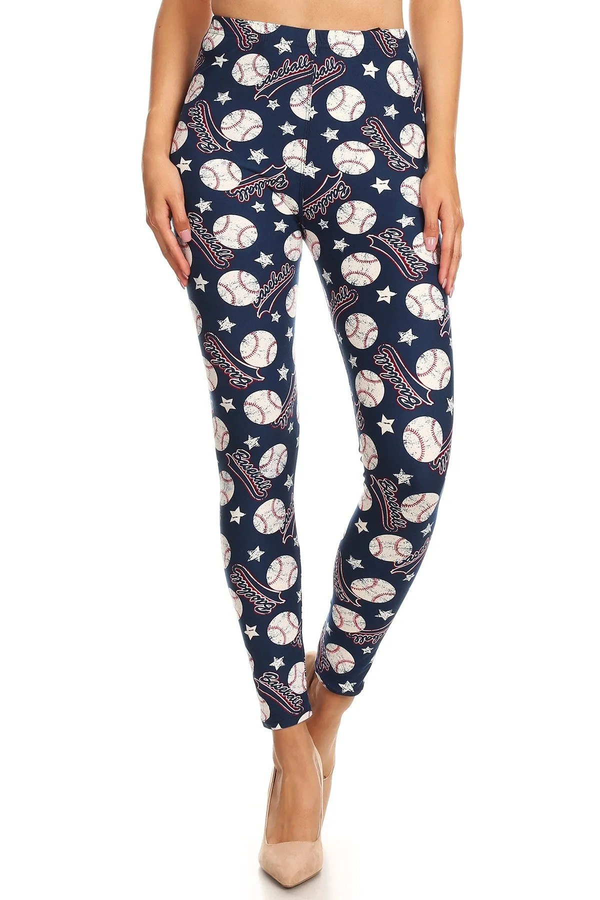 Women's 3 X 5X Baseball Ball Logo Pattern Printed Leggings