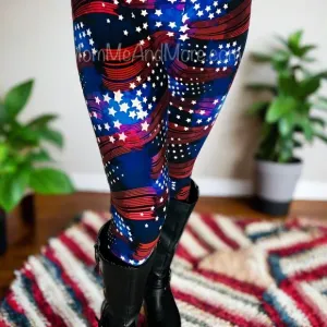 Womens American Flag Leggings, Patriotic 4th of July Pants, Sizes 18-22, No-Roll Waist, Red/White/Blue