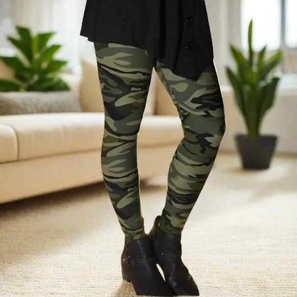 Womens Green Camouflage Leggings, Soft Yoga Pants, Sizes 0-18, No-Roll Waist, Green