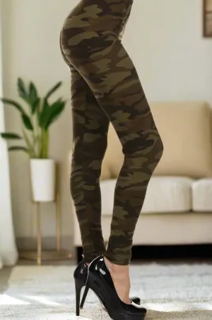 Womens Green Camouflage Leggings, Soft Yoga Pants, Sizes 0-18, No-Roll Waist, Green