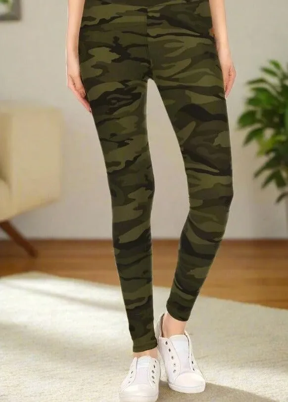 Womens Green Camouflage Leggings, Soft Yoga Pants, Sizes 0-18, No-Roll Waist, Green