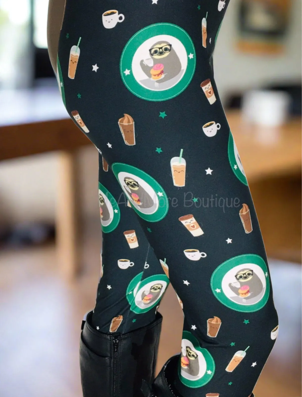 Womens Sloth Coffee Donut Leggings, Soft Yoga Pants, Sizes OS/TC, Black/Green, Exclusive Leggings