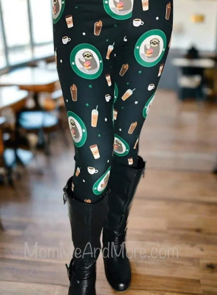 Womens Sloth Coffee Donut Leggings, Soft Yoga Pants, Sizes OS/TC, Black/Green, Exclusive Leggings